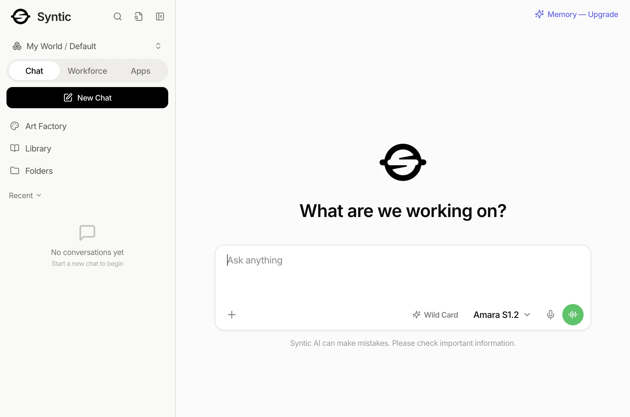 The Syntic app: start a new chat with Amara — “What are we working on?”