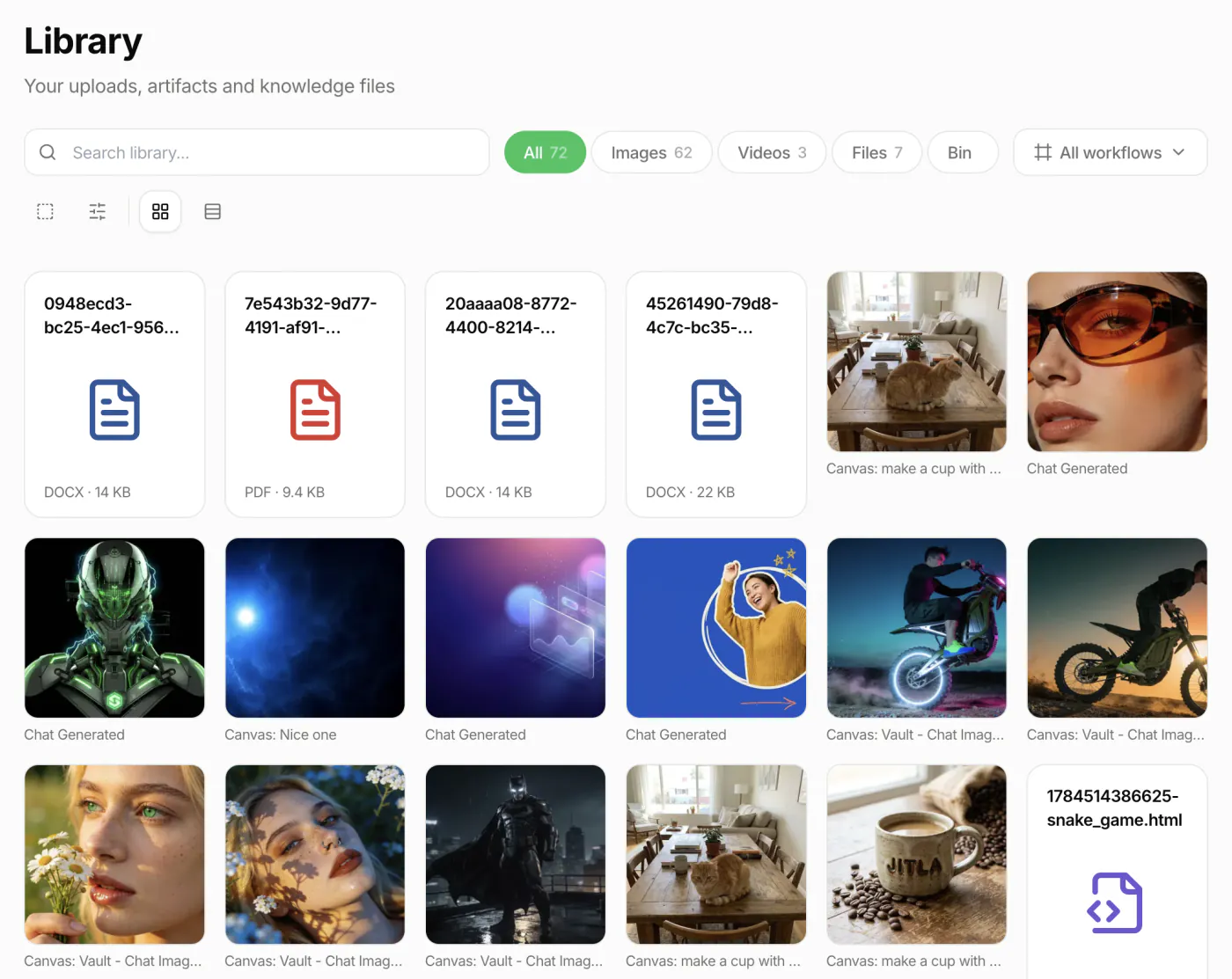 The Syntic Library: uploads, generated images, videos and files in one searchable grid