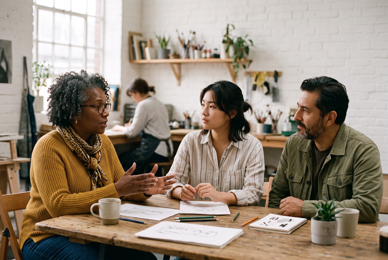 AI-generated illustration (fictional people): three people talking around a café table