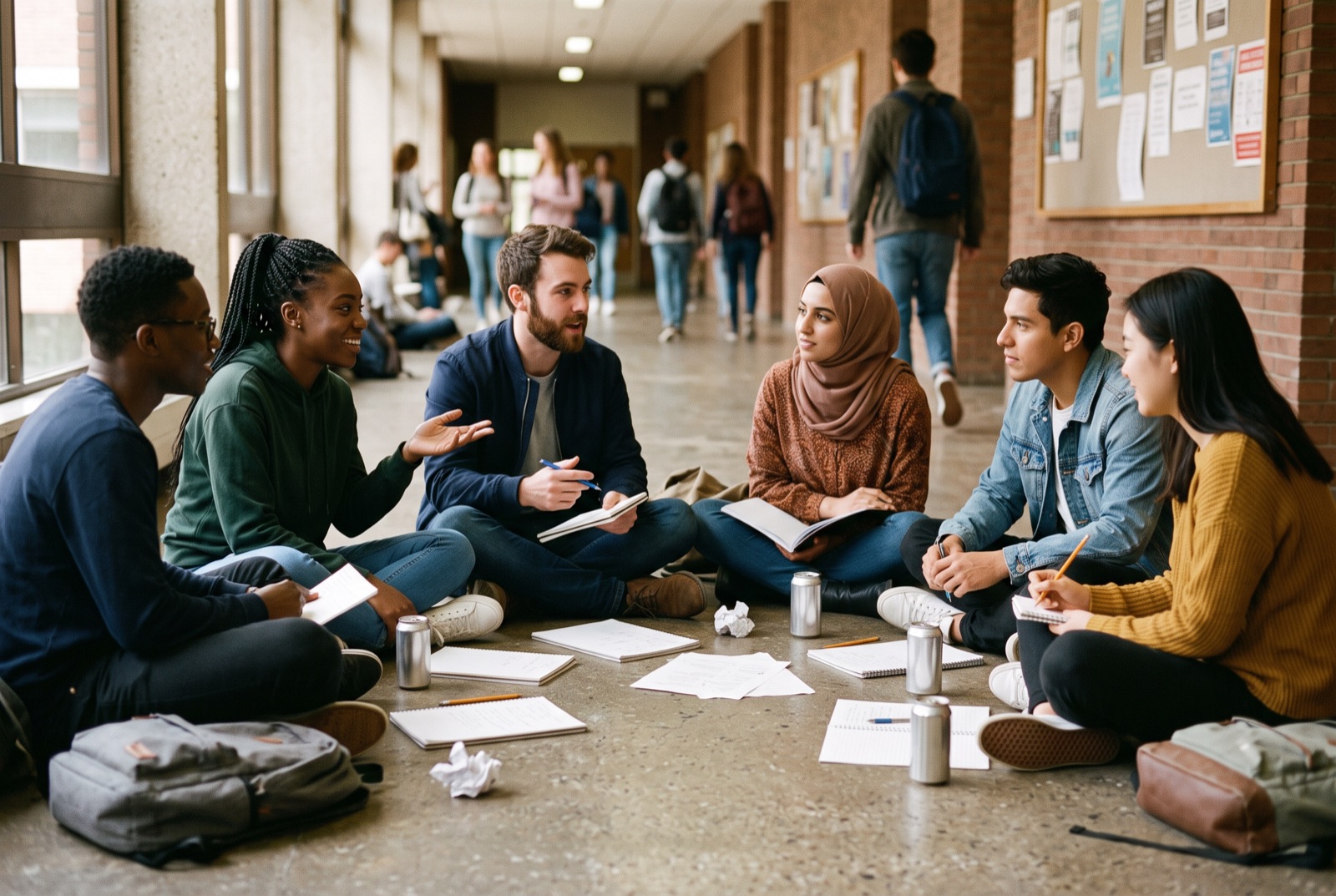 AI-generated illustration (fictional people): students sitting in a circle in a school corridor