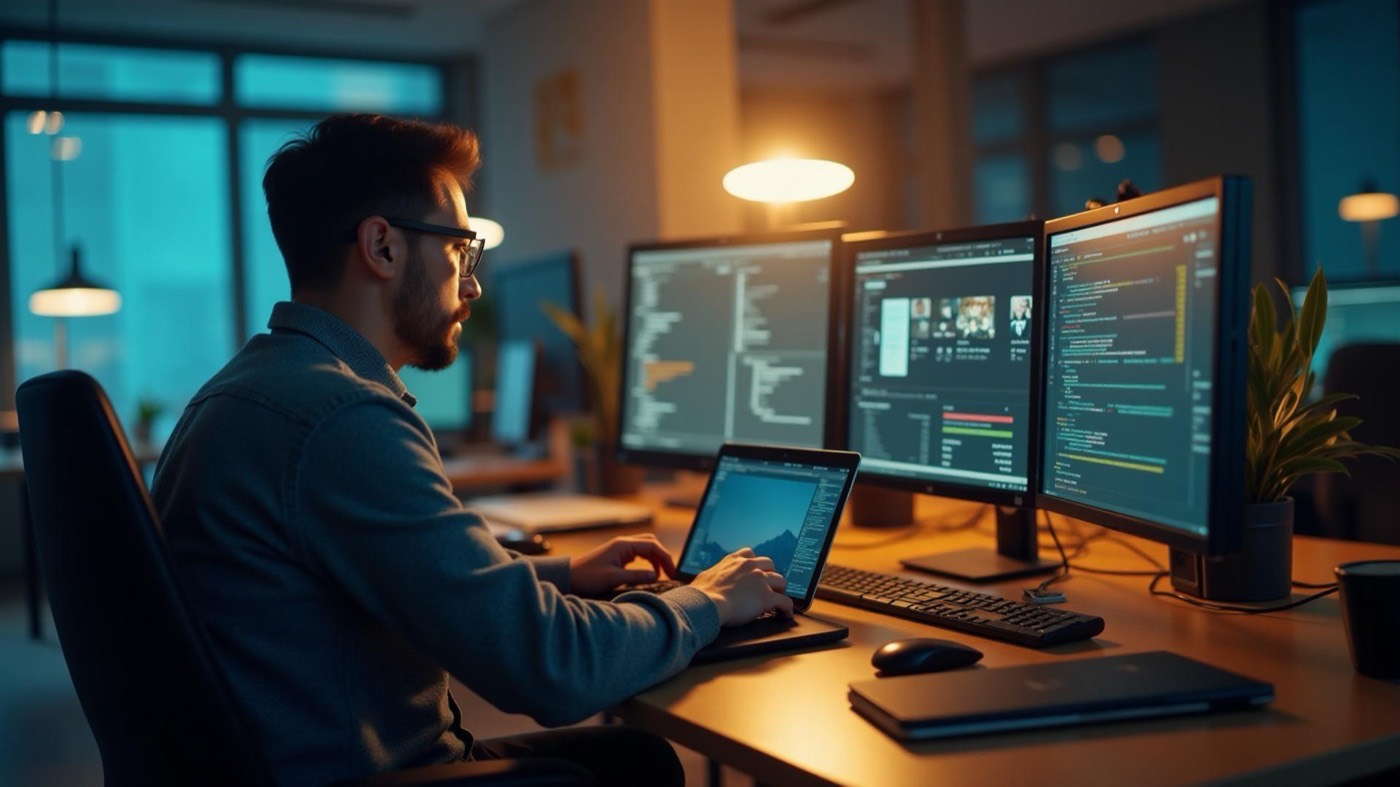 A developer working at a multi-monitor desk in the evening