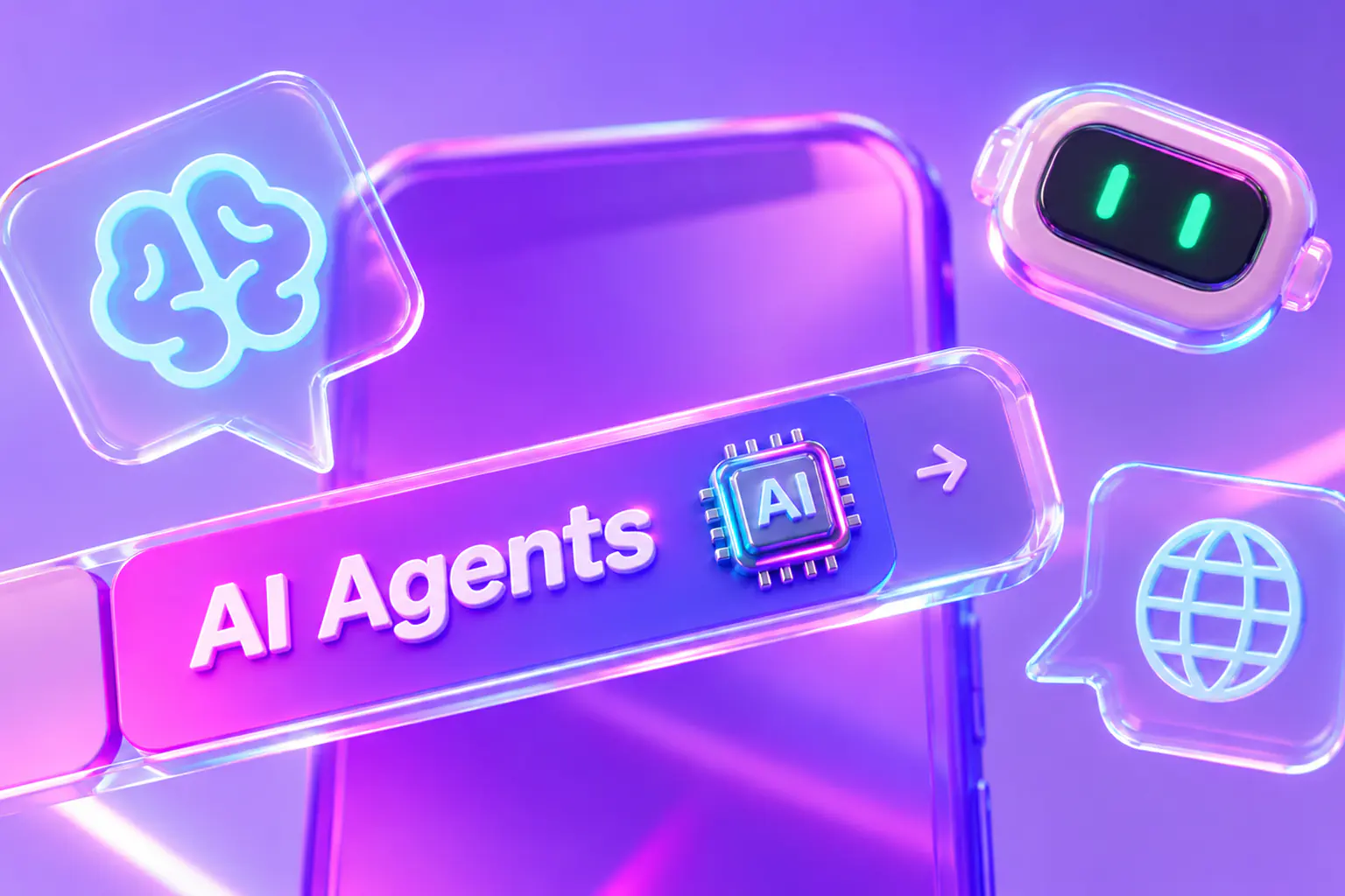 AI Agents: glass icons for thinking, a friendly agent and the web around a phone