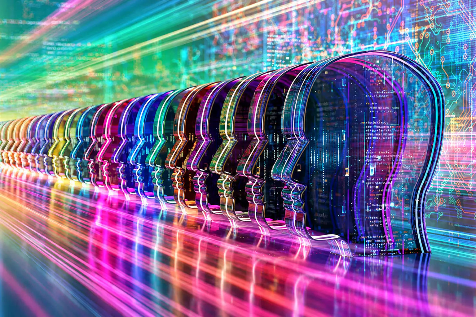 A row of glowing glass heads in a stream of light and circuitry