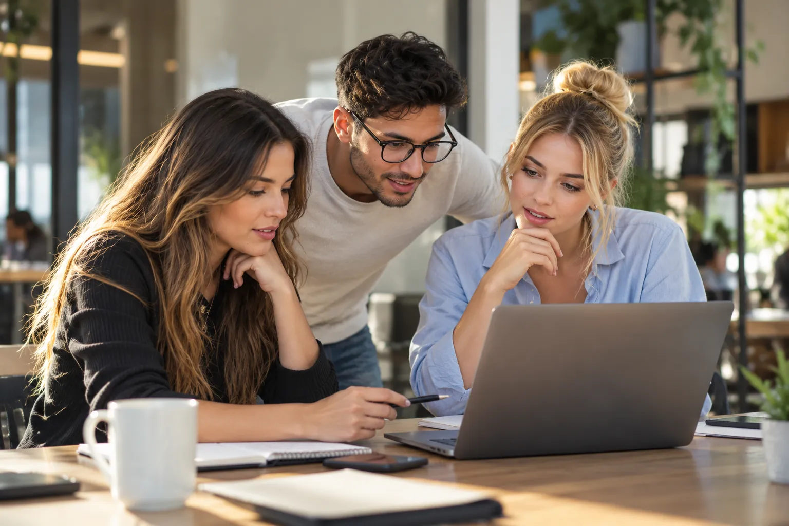 Three students working together on a laptop in a bright study space