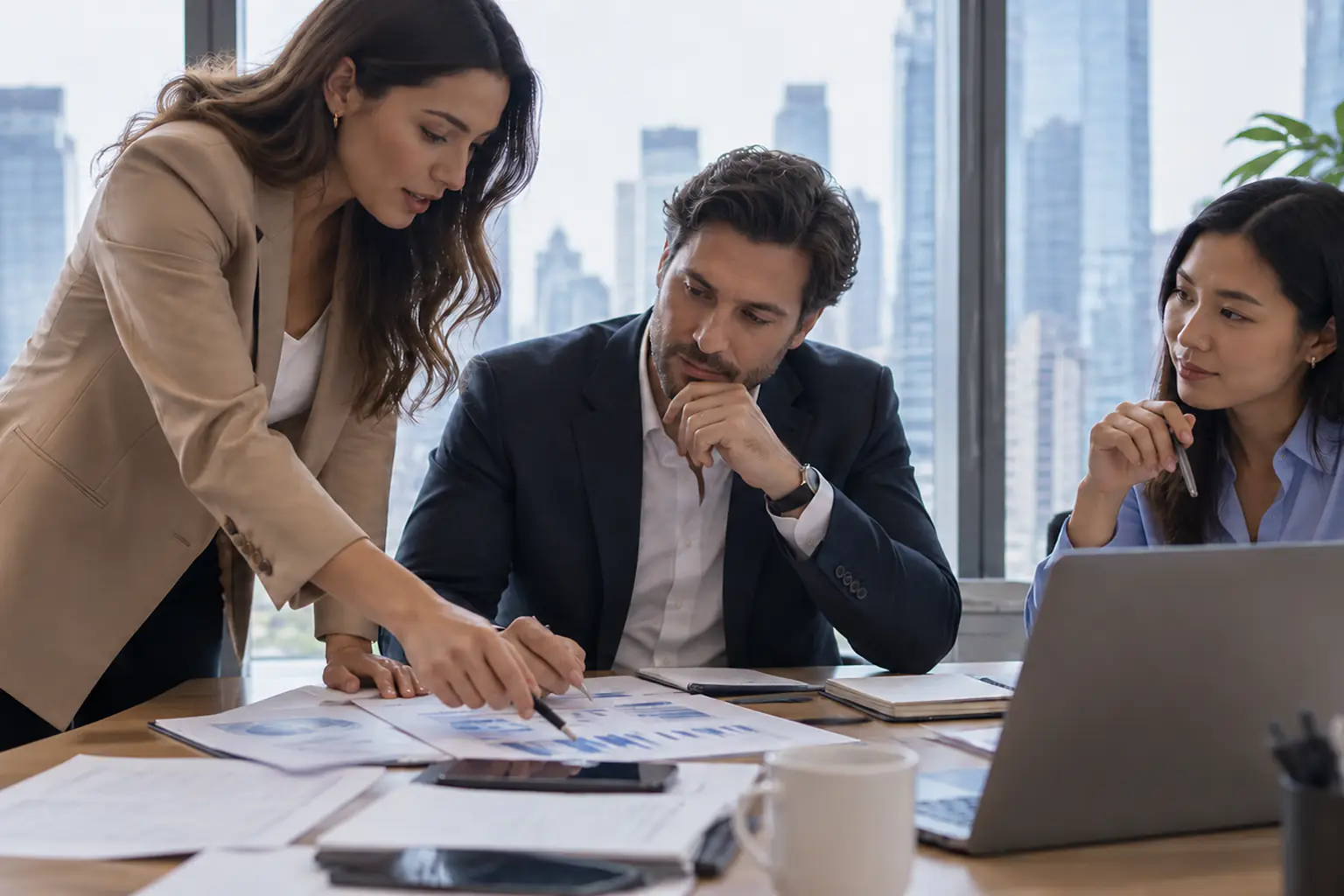 A finance team reviewing analysis together in an office overlooking the city