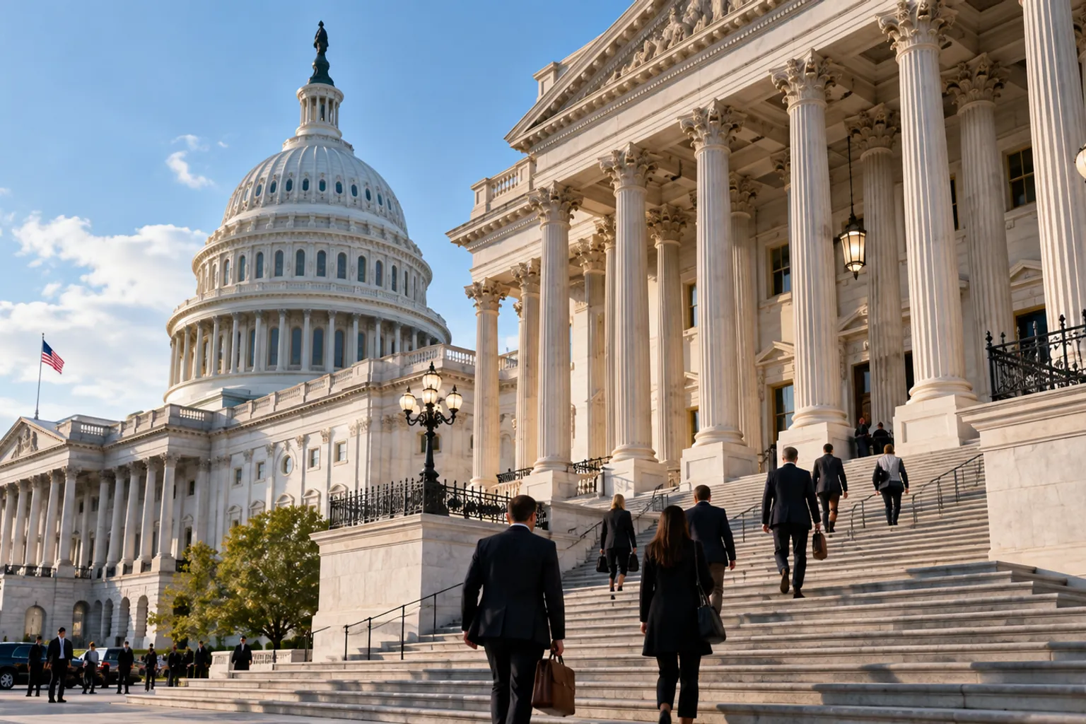 People walking up the steps of a government building