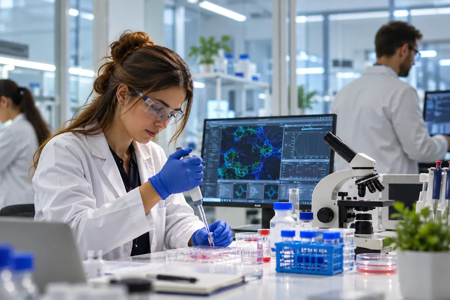 A scientist pipetting samples in a research lab