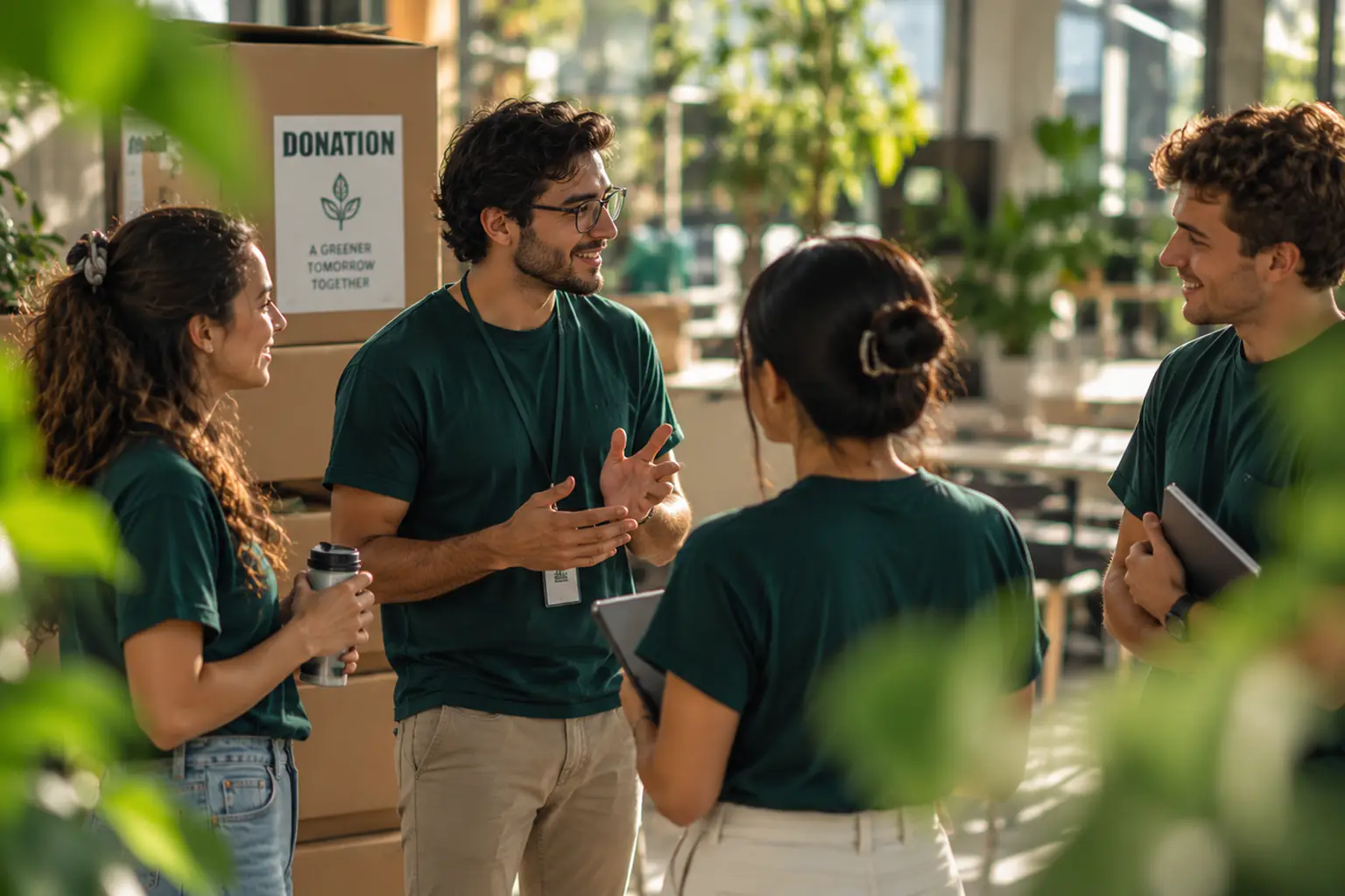 A nonprofit team in green shirts planning a donation drive together