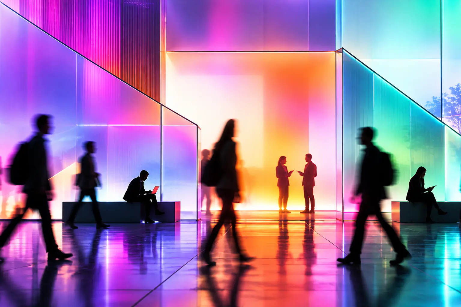 People moving through a bright neon atrium of glass and colour